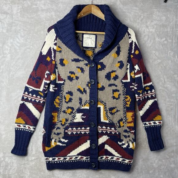 Vintage Replay Womens Small Handmade Knit Chunky Cardigan Leopard Cabincore Cozy - Picture 1 of 16
